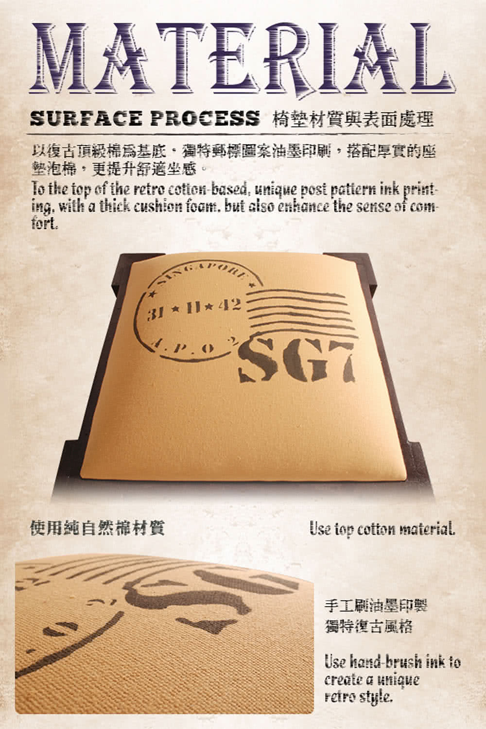 以復古頂毅棉為基底、獨特郵標圖案油墨印顧,搭配厚實的座 墊泡棉,更提升舒適坐感。 使用純自然棉材質 手工顧油墨印製 獨特復古属格 