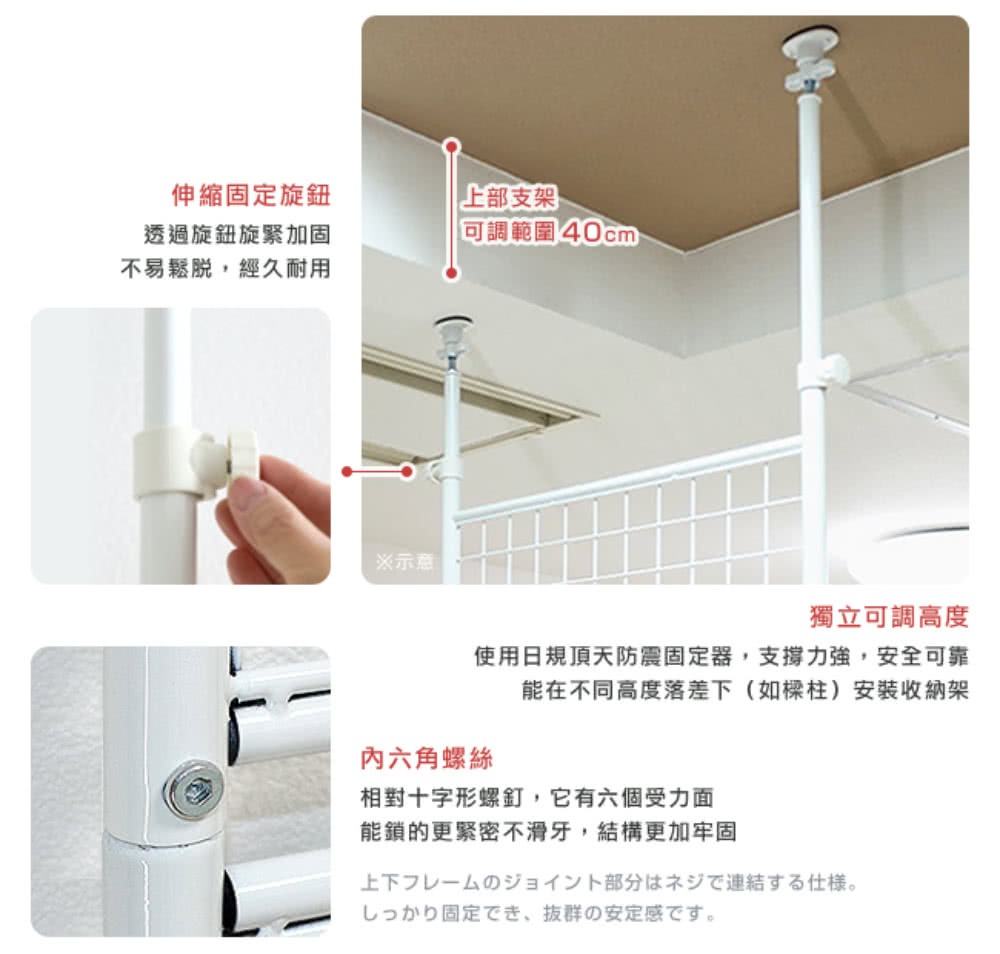 使用日規頂天防震固定器,支撐力強,安全可靠