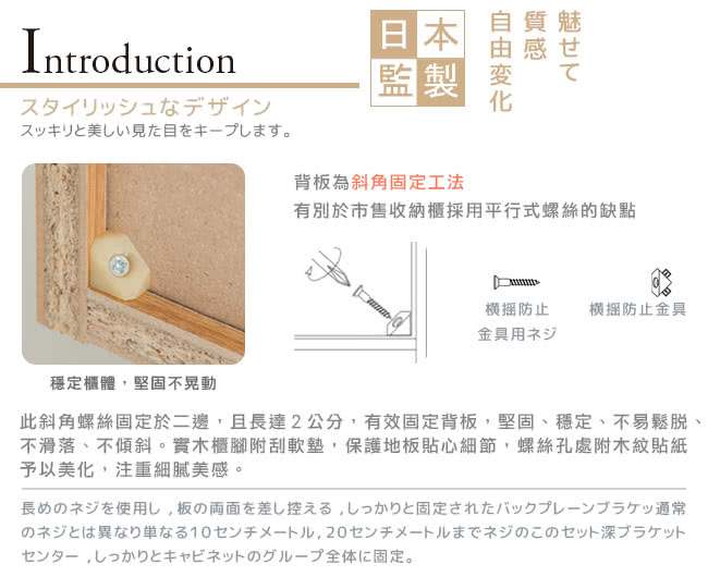 此斜角螺絲固定於二邊,且長達2公分,有效固定背板,堅固、穩定、不易鬆脫、