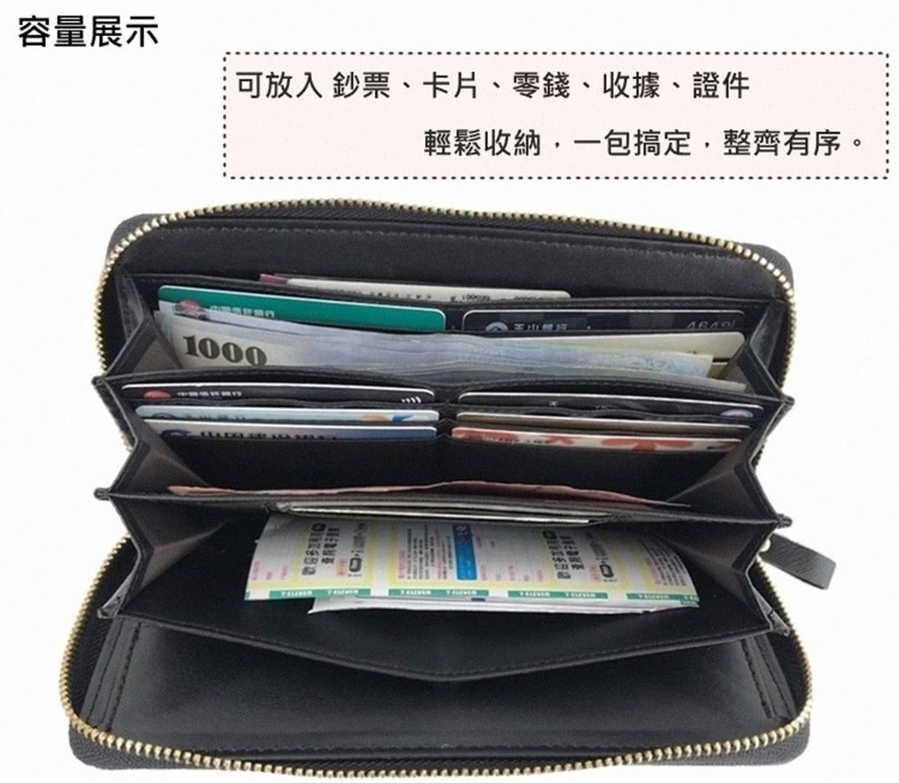 容量展示 可放入 鈔票、卡片、零錢、收據、證件 輕鬆收納,一包搞定,整齊有序。 一 FRIVIER 