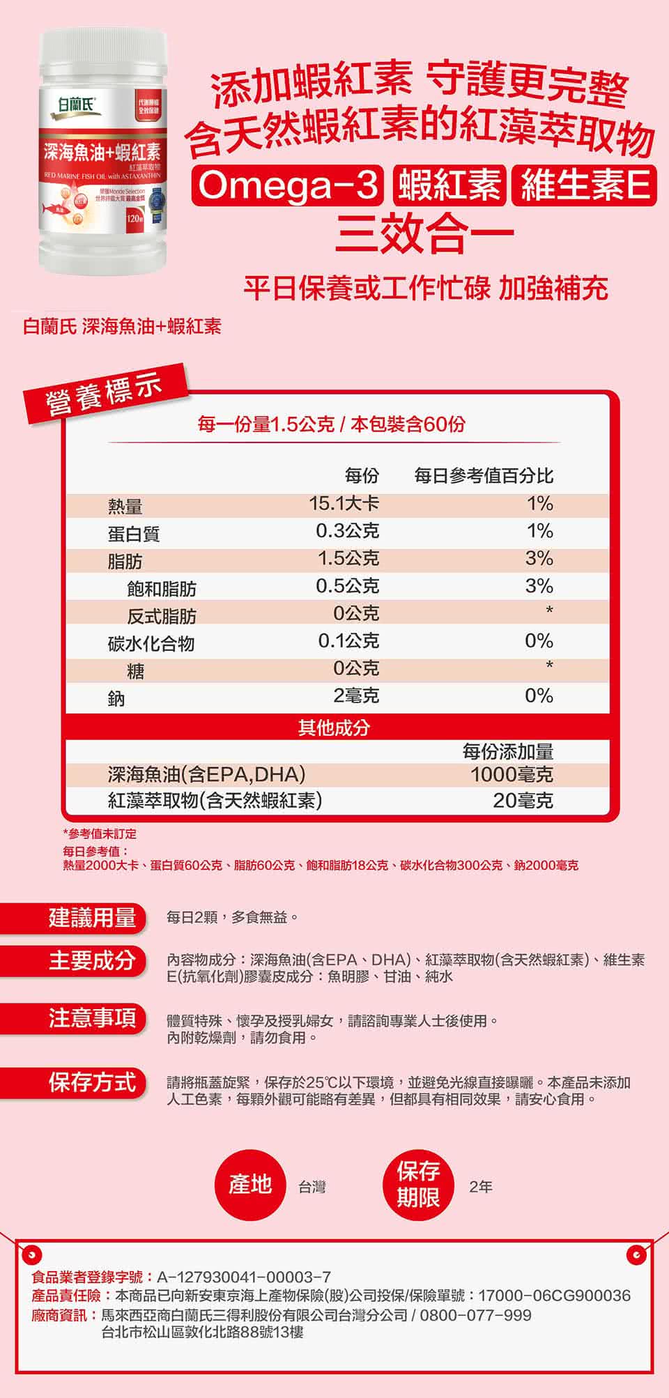 白蘭氏 深海魚油 蝦紅素 1顆 瓶 Momo購物網