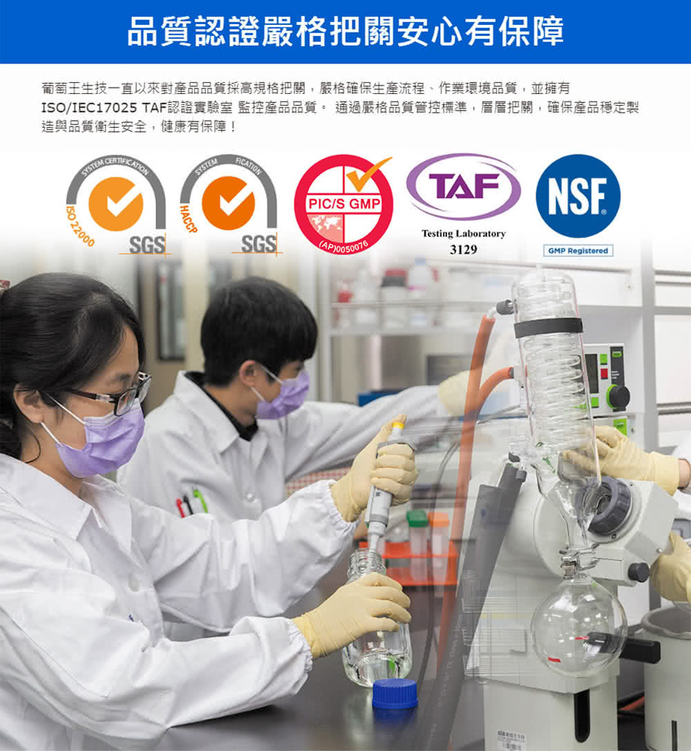 品質認證嚴格把關安心有保障 葡萄王生技一直以來對產品品質採高規格把關,嚴格確保生產流程、作業環境品質,並擁有 ISOIEC17025 TAF認證實驗室監控產品品質。通過嚴格品質管控標準,層層把關,確保產品穩定製 造與品質衛生安全,健康有保障 