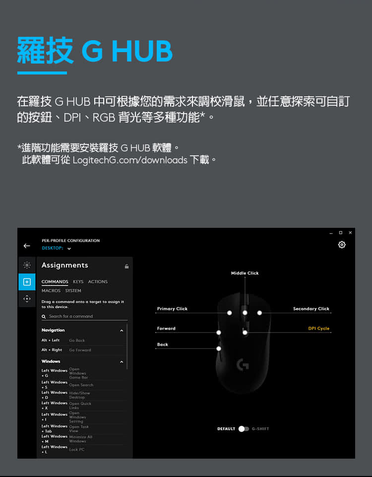 羅技G HUB 在羅技 G HUB 中可根據您的需求來調校滑鼠,並任意探索可自訂 的按鈕、DPI、RGB背光等多種功能。 進階功能需要安裝羅技G HUB 軟體。 此軟體可從 LogitechG.comdownloads 下載。 
