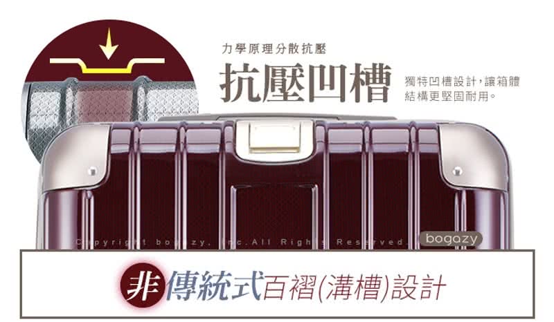 力學原理分散抗壓 抗壓凹槽 獨特凹槽設計,讓箱體 結構更堅固耐用。 非傳統式百褶溝槽設計 