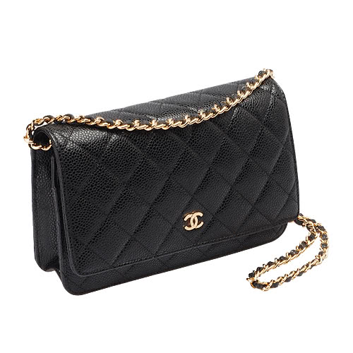 【CHANEL 香奈兒】經典雙C LOGO菱格粒紋牛皮金鍊WOC手拿/斜背包