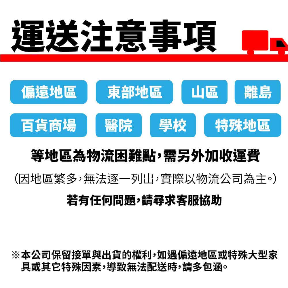 本公司保留接單與出貨的權利,如遇偏遠地區或特殊大型家