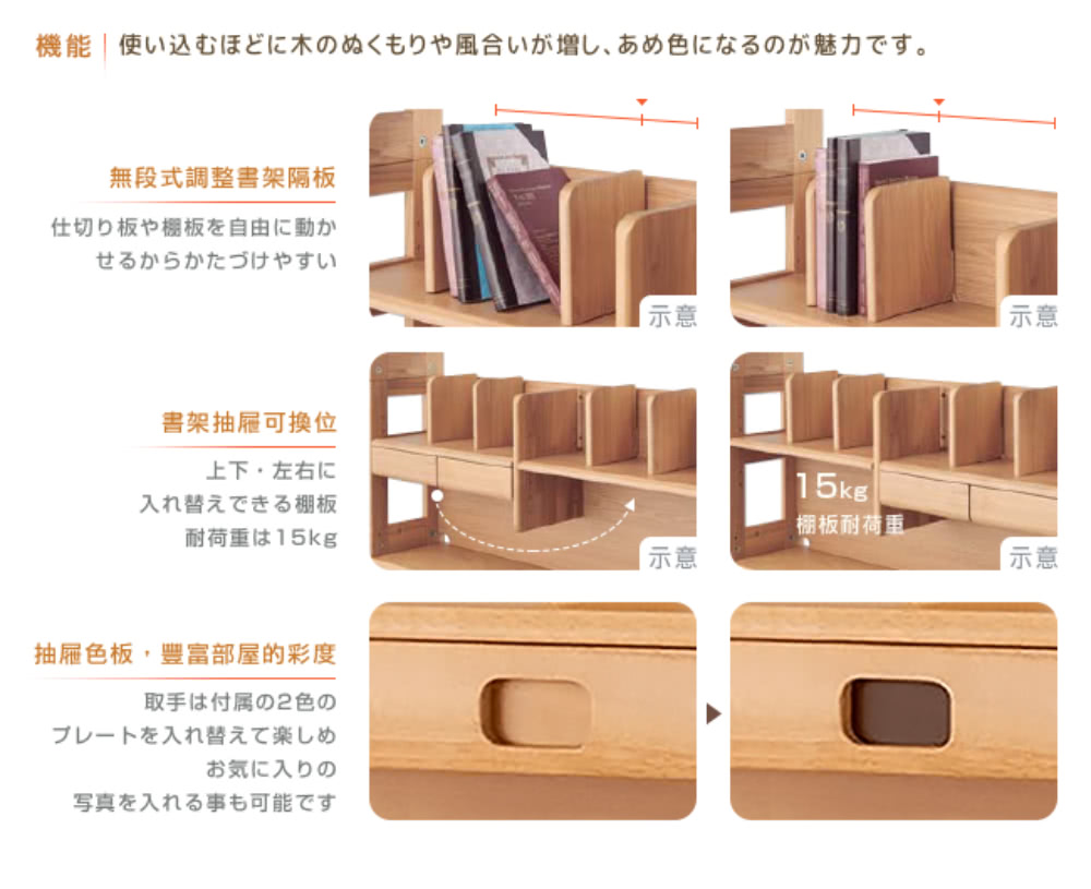 機能  使込木風合増、 色魅力。