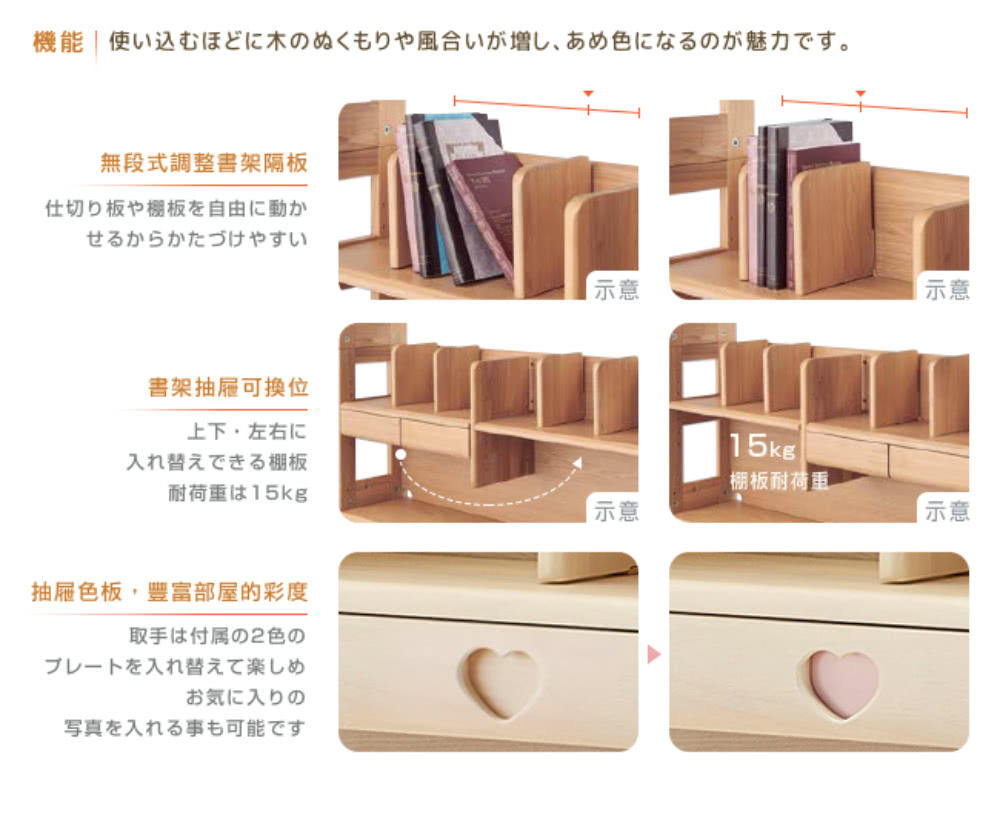 機能  使込木風合増、 色魅力。