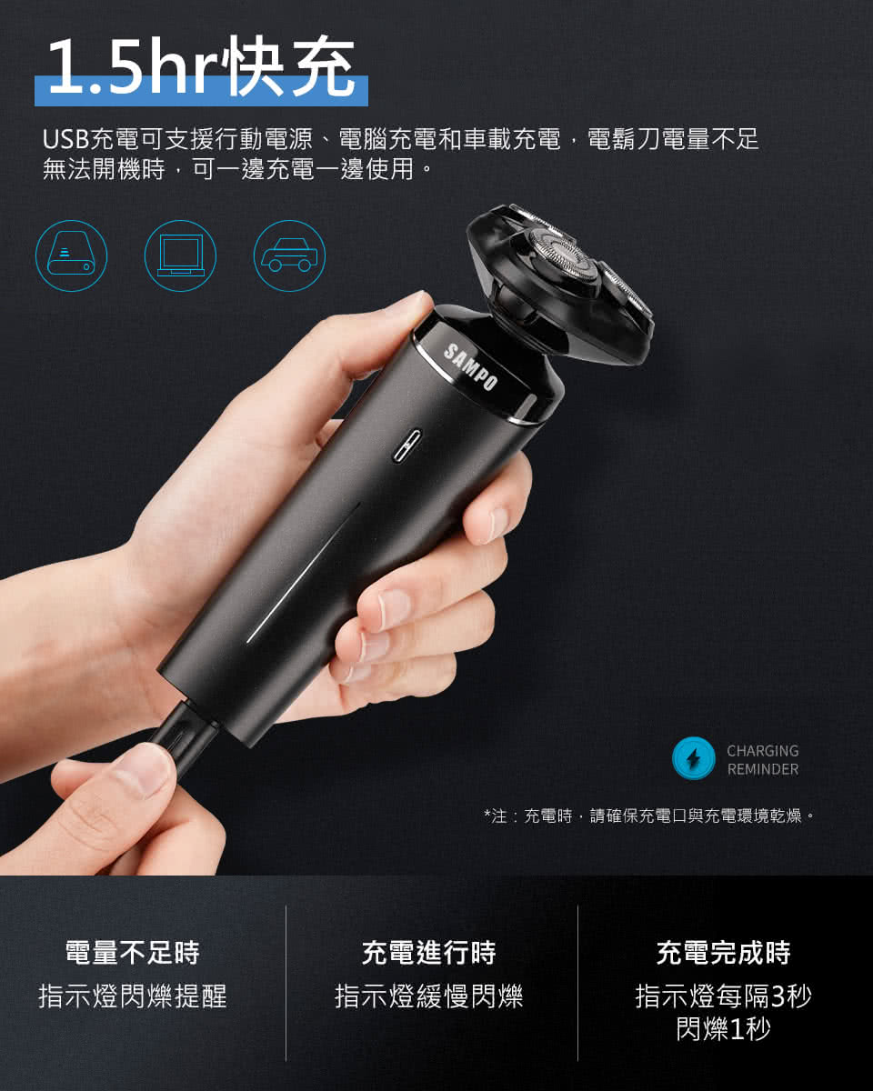 USB充電可支援行動電源、電腦充電和車載充電,電鬍刀電量不足