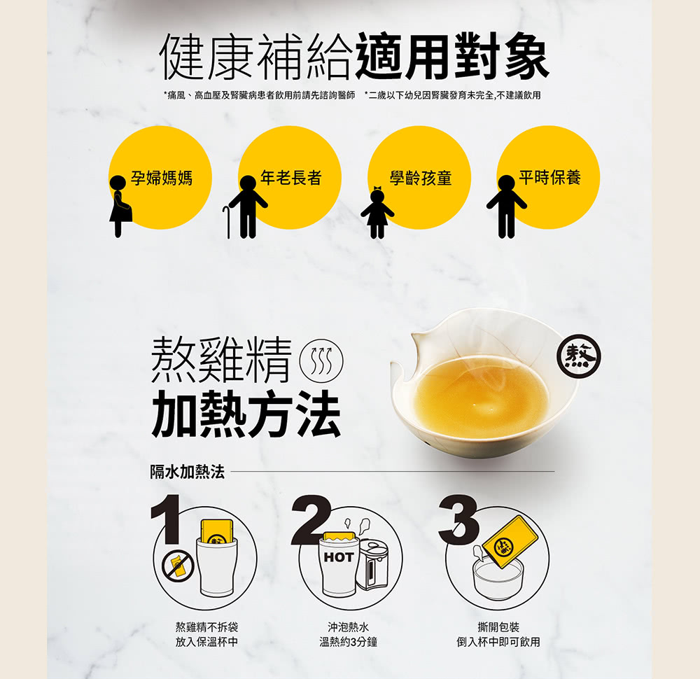 痛風、高血壓及腎臟病患者飲用前請先諮詢醫師 二歲以下幼兒因腎臟發育未完全,不建議飲用