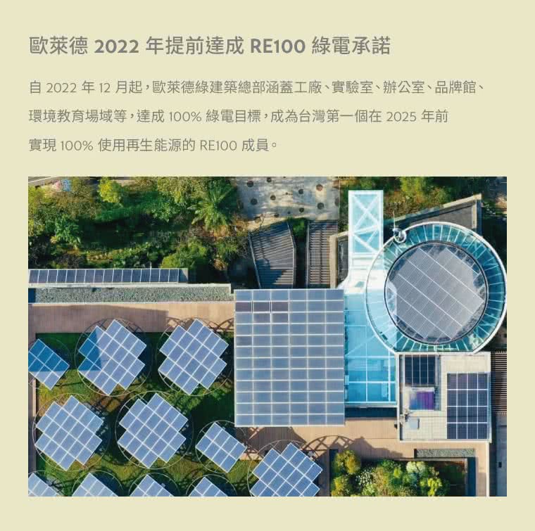 歐萊德 2022年提前達成RE100 綠電承諾 自2022年12月起,歐萊德綠建築總部涵蓋工廠、實驗室、辦公室、品牌館、 環境教育場域等,達成100%綠電目標,成為台灣第一個在2025年前 實現 100% 使用再生能源的RE100 成員。 