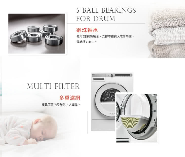 鋼珠軸承 使用5隻鋼珠軸承,支撐不鏽鋼大滾筒平衡, 運轉穩如泰山。 多重濾網 攔截滾筒內及熱泵上之纖維。 