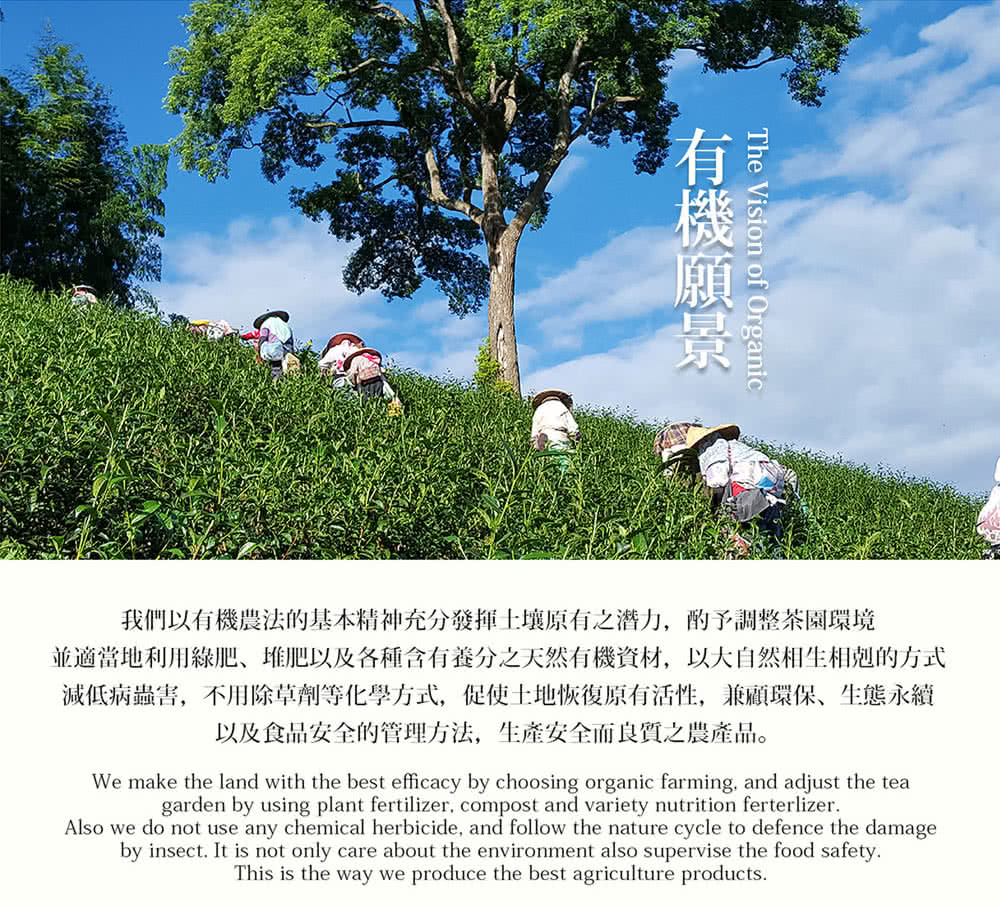 我們以有機農法的基本精神充分發揮土壤原有之潛力,酌予調整茶園環境 並適當地利用綠肥、堆肥以及各種含有養分之天然有機資材,以大自然相生相剋的方式 減低病蟲害,不用除草劑等化學方式,促使土地恢復原有活性,兼顧環保、生態永續 以及食品安全的管理方法,生產安全而良質之農產品。 有機願景 