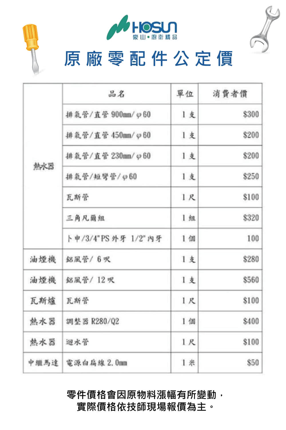 廚衛精品原廠零配件公定品名單位 消費者價排氣直管 900mm/60$300排氣管/直管450mm/$200排氣管/直管 230mm/$200熱水器排氣管/短/$250瓦斯管尺$00三角凡爾組$320卜申/3/4PS外1/2 牙1100油煙機 鋁風管/6呎1支$280油煙機 鋁風管/12呎1支$560瓦斯爐 瓦斯管1尺$100熱水器 調整器R280/Q21個$400熱水器 迴水管1尺$100中繼馬達電源白線 2.0mm1$50零件價格會因原物料漲幅有所變動,實際價格依技師現場報價為主。