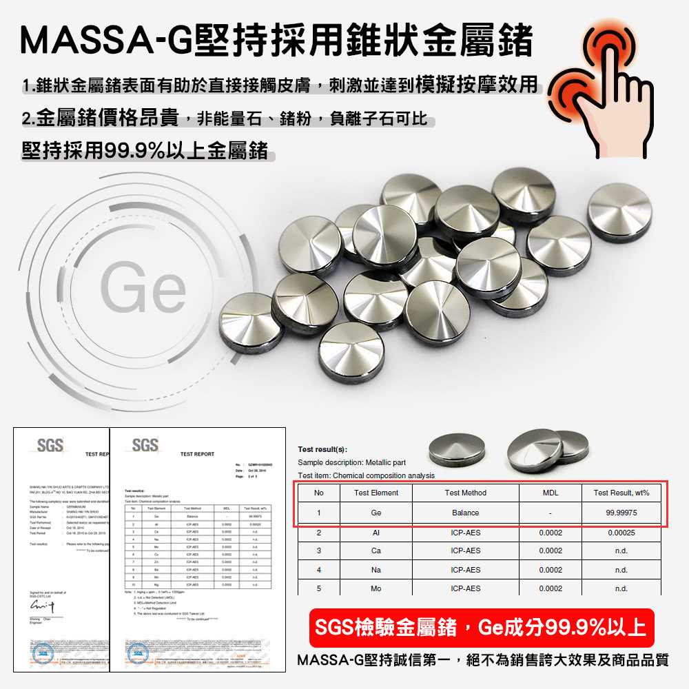 1.錐狀金屬鍺表面有助於直接接觸皮膚,刺激並達到模擬按摩效用