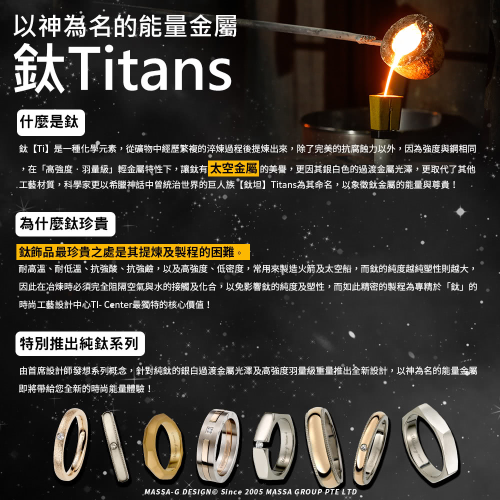 鈦 Ti是一種化學元素,從礦物中經歷繁複的淬煉過程後提煉出來,除了完美的抗腐蝕力以外,因為強度與鋼相同