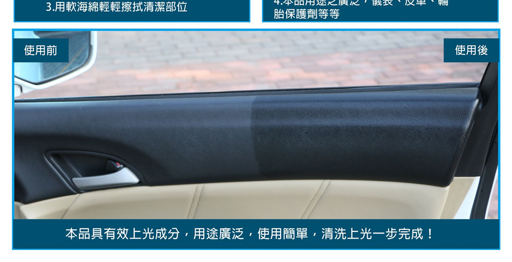 本品具有效上光成分,用途廣泛,使用簡單,清洗上光一步完成