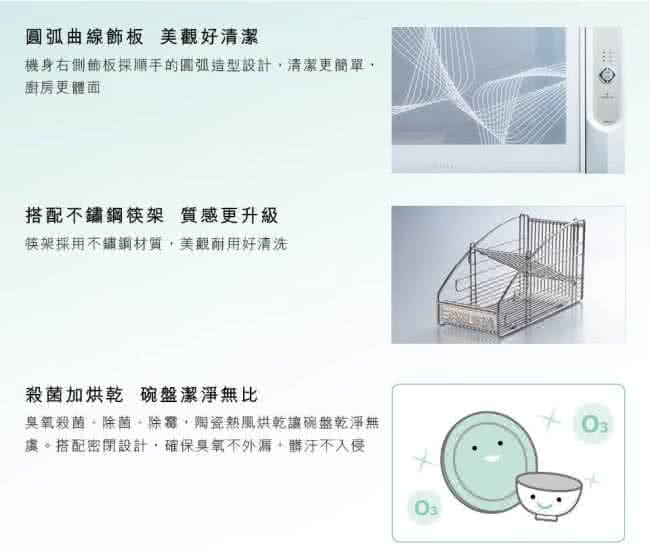 曲線飾板 美觀清潔機身右側飾板採圓弧造型設計清潔更簡單廚房更體面搭配鏽鋼筷架 質感更升級筷架採用不鏽鋼材質美觀好清洗殺菌加 碗盤潔淨無比臭氧殺菌除菌、,陶瓷熱風烘乾讓碗盤乾淨無虞。搭配密閉設計,確保臭氧不外漏,不
