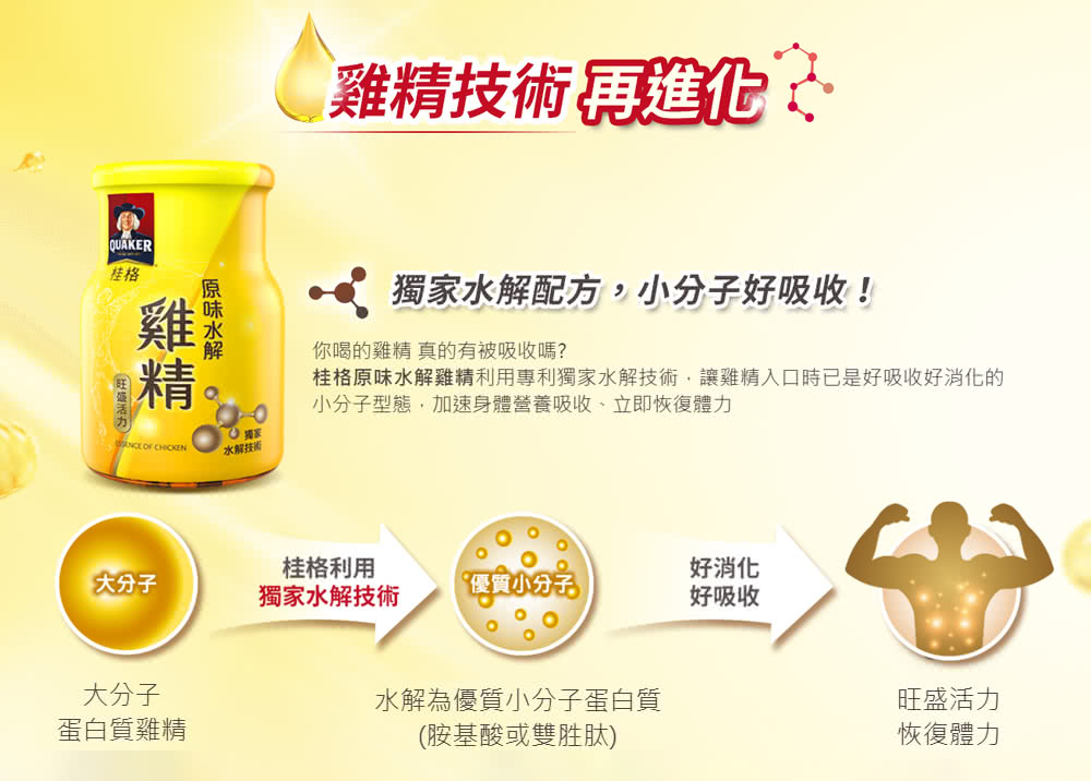 桂格原味水解雞精利用專利獨家水解技術,讓雞精入口時已是好吸收好消化的