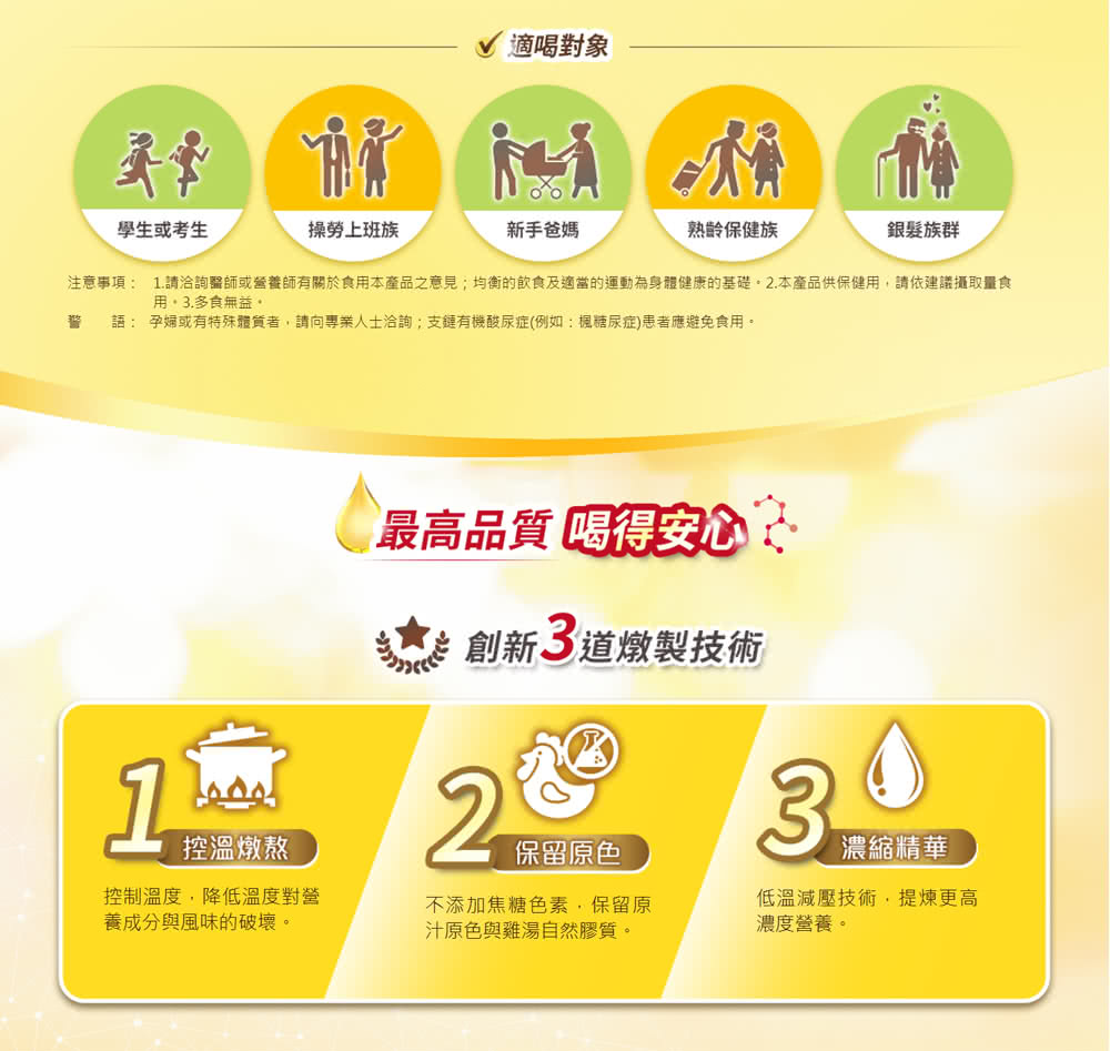 注意事項1.請洽詢醫師或營養師有關於食用本產品之意見均衡的飲食及適當的運動為身體健康的基礎,2.本產品供保健用,請依建議攝取量食