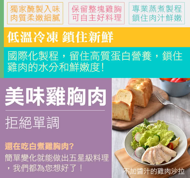 獨家醃製入味 保留整塊雞胸 專業蒸煮製程