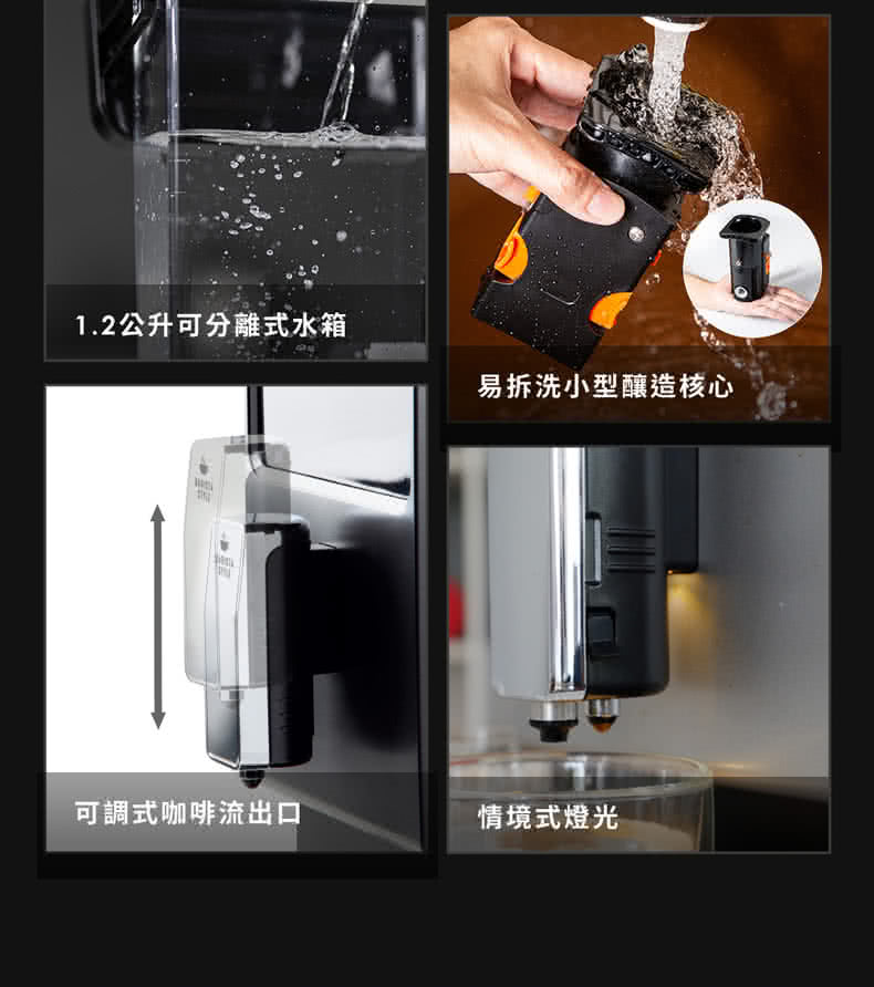 1.2公升可分離式水箱 易拆洗小型釀造核心 可調式咖啡流出口 情境式燈光 