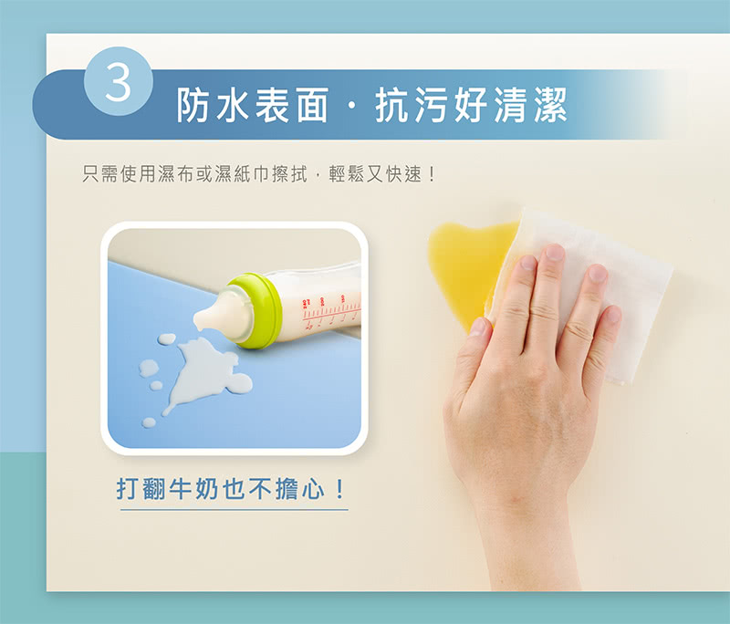 防水表面抗污好清潔 只需使用濕布或濕紙巾擦拭,輕鬆又快速 打翻牛奶也不擔心 
