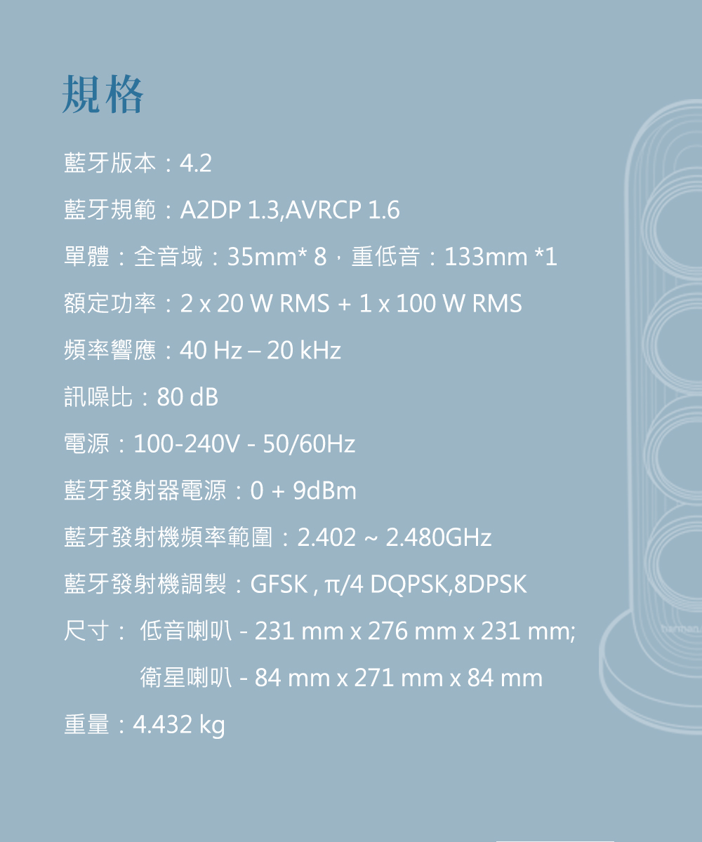 é¡å®åç 2 x 20 W RMS  1 x 100 W RMS