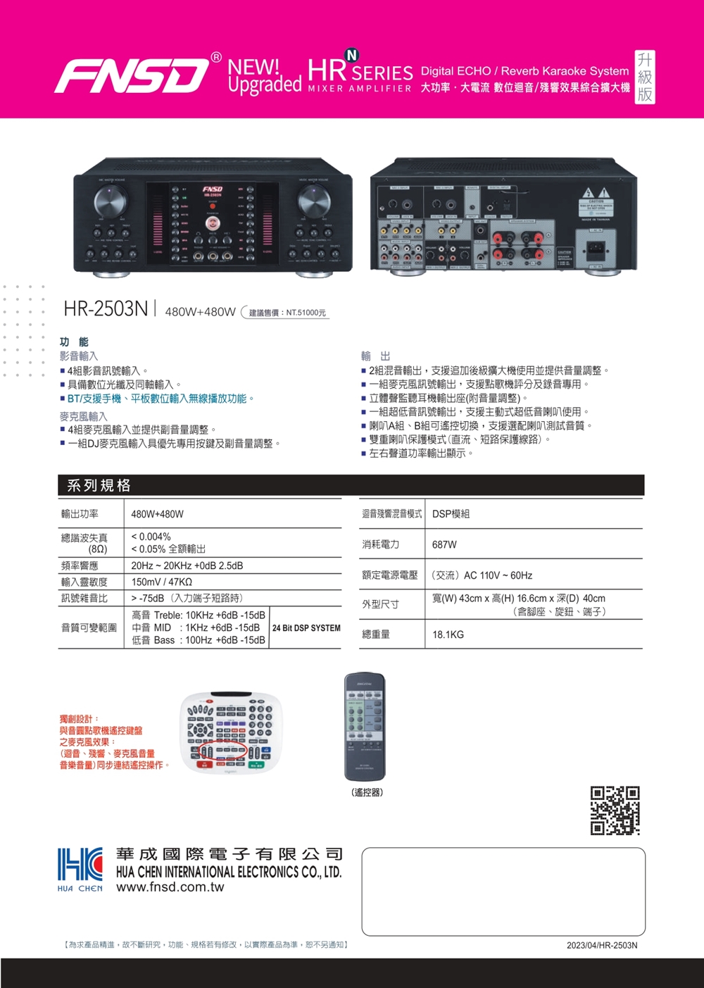 NNEW  SERIES Digital ECHO  Reverb Karaoke SystemUpgraded   大功率大電流 數位迴音/殘響效果綜合擴大機HR-2503N 480W+480W建議售價:NT5000元功能影音輸入影音訊號輸入。具備數位光纖及同軸輸入。BT/支援手機、平板數位輸入無線播放功能。麥克風輸入 4麥克風輸入並提供副調整。DJ麥克風輸入具優先專用按鍵及副音量調整。輸出 2組混音輸出,支援追加後級擴大機使用並提供音量調整。組麥克風訊號輸出,支援點歌機評分及錄音專用。立體聲監聽耳機輸出座(附音量調整)。一組超低音訊號輸出,支援主動式超低音喇叭使用。喇叭A組、B組可遙控切換,支援選配喇叭測試音質。雙重喇叭保護模式(直流、短路保護線路)。1左右聲道功率輸出顯示。系列規格480W+480W輸出功率總諧波失真 0.004%(82)頻率響應0.05% 全額輸出20Hz~20KHz +0dB 2.5dB迴音殘響混音模式 DSP模組消耗電力687W額定電源電壓(交流)AC110V~60Hz輸入靈敏度150mV/47K2訊號雜音比音質可變範圍-75dB(入力端子短路時)高音 Treble: 10KHz +6dB-15dB MID: 1KHz+6dB-15dB低音 Bass:100Hz +6dB-15dB外型尺寸寬(W)43cmx高(H) 16.6cmx深(D) 40cm(含腳座、旋鈕、端子)24 Bit DSP SYSTEM總重量18.1KG獨創設計:與音圓點歌機遙控鍵盤之麥克風效果:(迴音、殘響、麥克風音量音樂音量)同步連結遙控操作。華成國際電子有限公司HUA  INTERNATIONAL ELECTRONICS ., LTD.HUA CHEN Www.fnsd.com.tw(遙控器)【為求產品精進,故不斷研究,功能、規格若有修改,以實際產品為準,恕不另通知】2023/04/HR-2503N