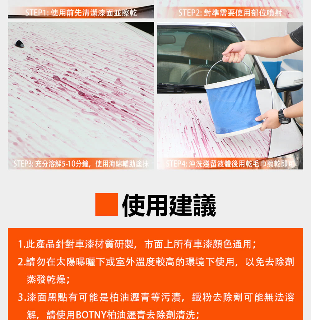 STEP3 充分溶解510分鐘,使用海綿輔助塗抹 STEP4 沖洗殘留液體後用乾毛巾擦乾即
