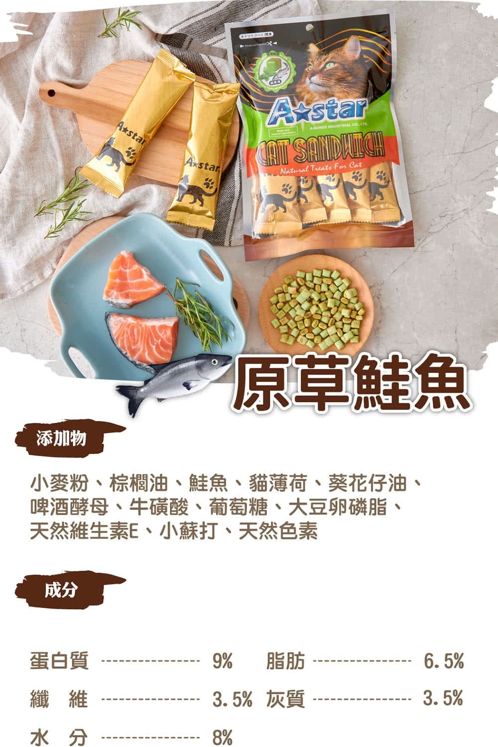小麥粉、棕櫚油、鮭魚、貓薄荷、葵花仔油、