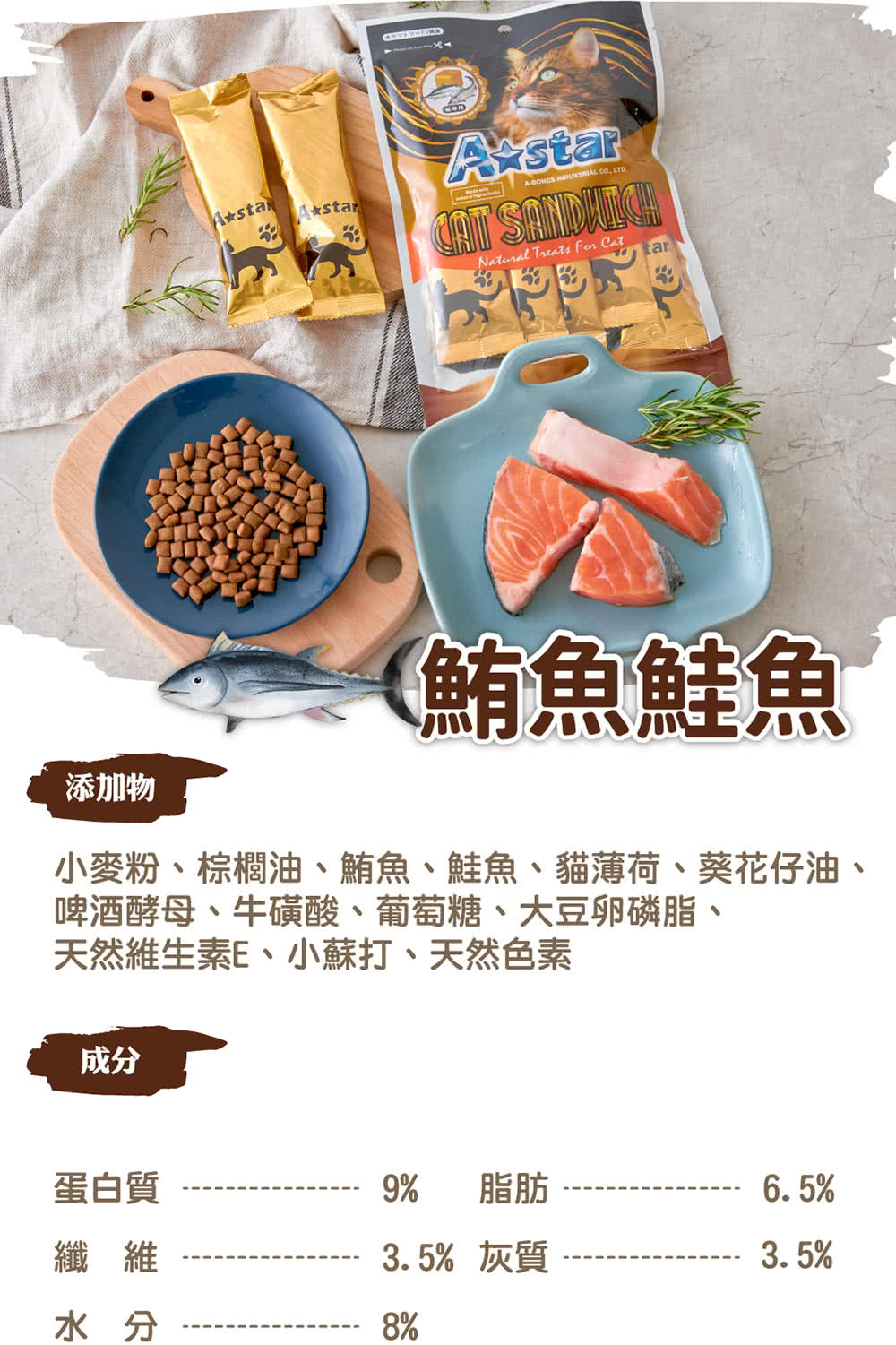 小麥粉、棕櫚油、鮪魚、鮭魚、貓薄荷、葵花仔油