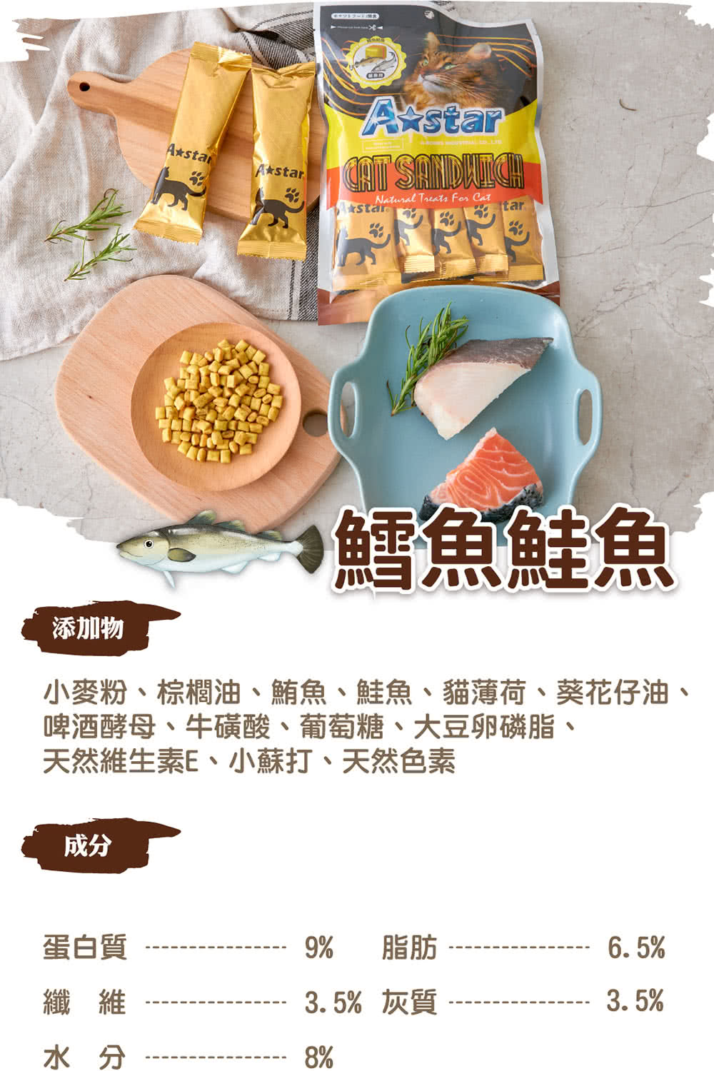 小麥粉、棕櫚油、鮪魚、鮭魚、貓薄荷、葵花仔油、