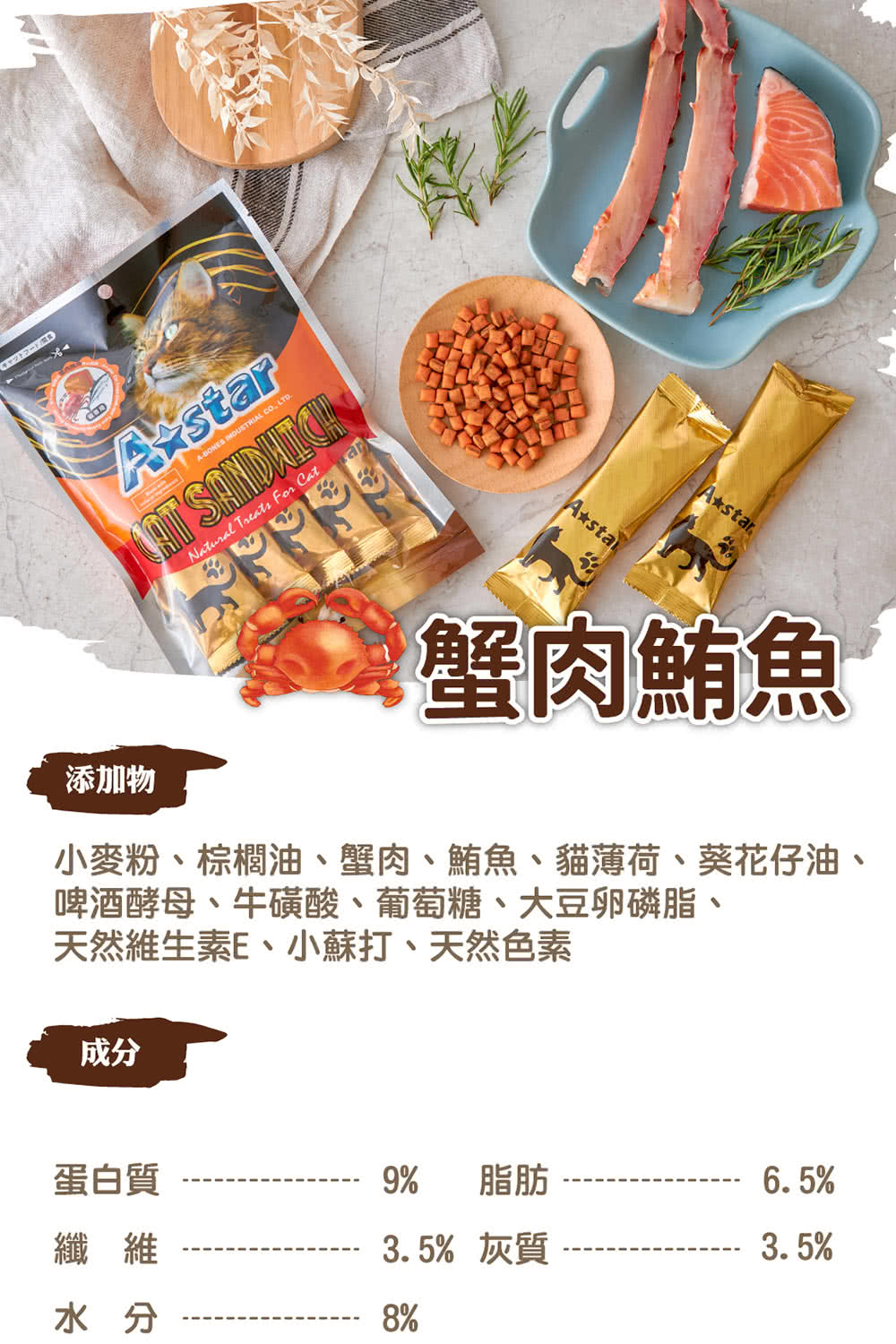 小麥粉、棕櫚油、蟹肉、鮪魚、貓薄荷、葵花仔油、