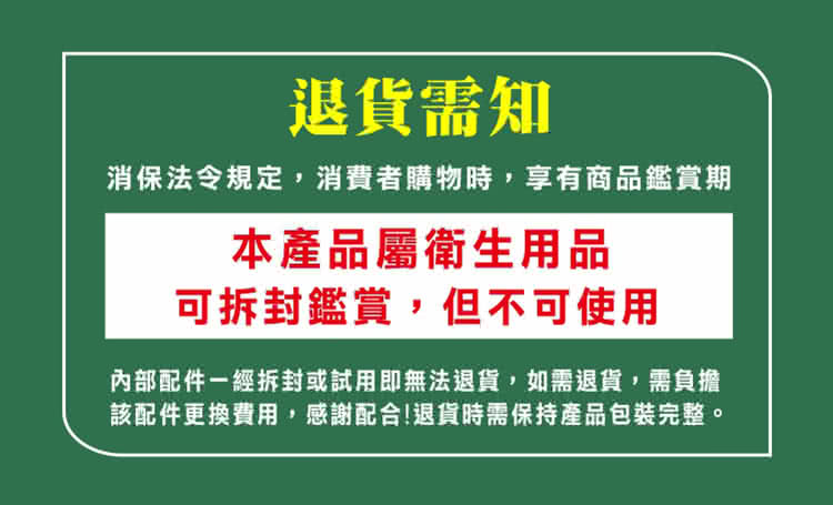 退貨需知，消保法令規定,消費者購物時,享有商品鑑賞期，本產品屬衛生用品，可拆封鑑賞,但不可使用，內部配件一經拆封或試用即無法退貨,如需退貨,需負擔，該配件更換費用,感謝配合!退貨時需保持產品包裝完整。