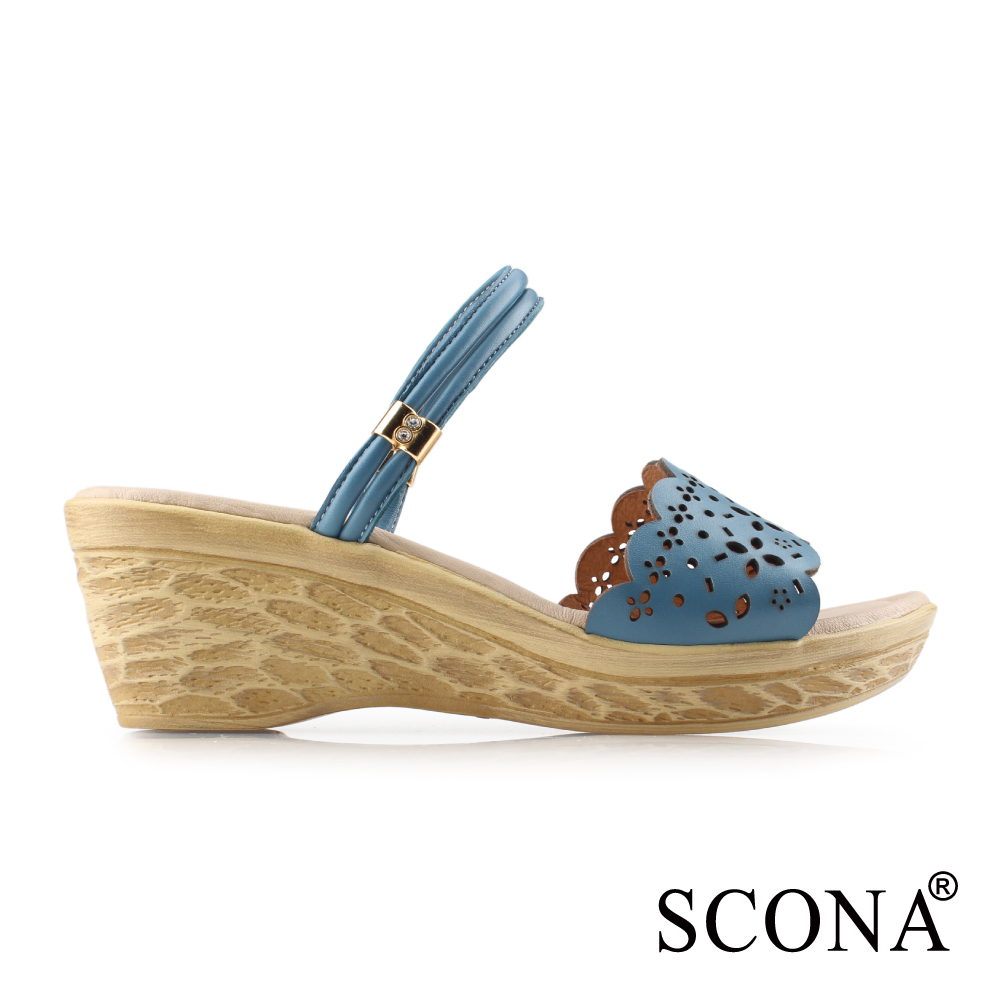 【SCONA 蘇格南】真皮 簡約雷雕楔型涼鞋(藍色 31126-2)