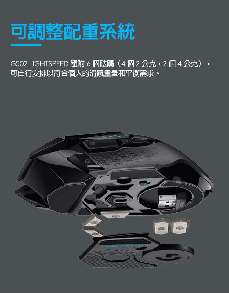 可調整配重系統 G502 LIGHTSPEED 隨附6個估碼4個2公克,2個4公克 可自行安排以符合個人的滑鼠重量和平衡需求。 