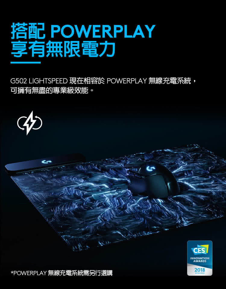 享有無限電力 G502 LIGHTSPEED 現在相容於POWERPLAY無線充電系統, 可擁有無盡的專業級效能。 POWERPLAY 無線充電系統需另行選購 