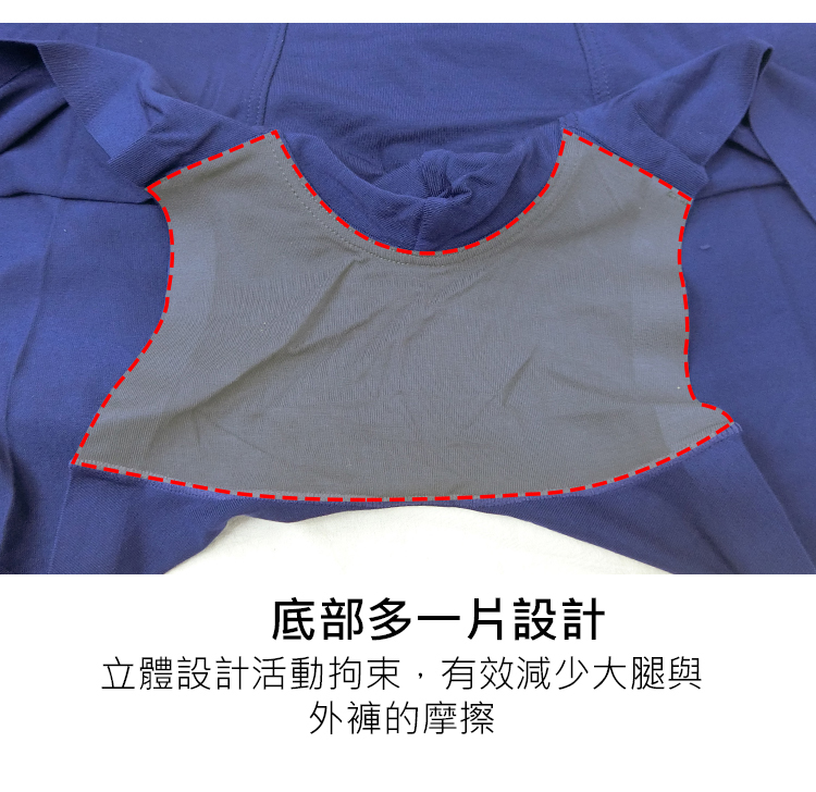 底部多一片設計 立體設計活動拘束,有效減少大腿與 外褲的摩擦 