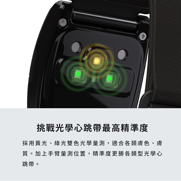 挑戰光學心跳帶最高精準度 採用黃光、綠光雙色光學量測,適合各類膚色、膚 質。加上手臂量測位置,精準度更勝各類型光學心 跳帶。 