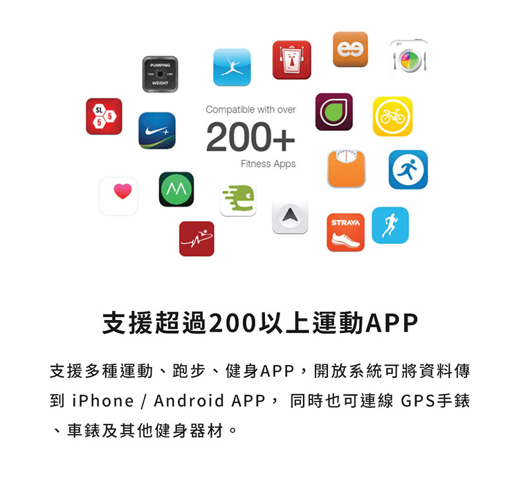支援超過200以上運動APP 支援多種運動、跑步、健身APP,開放系統可將資料傳 到iPhone  Android APP ,同時也可連線 GPS手錶 車錶及其他健身器材。 