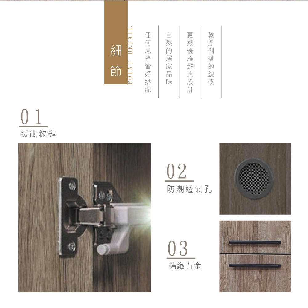 0 1緩衝鉸鏈DETAILPOINT02防潮透氣孔03精緻五金