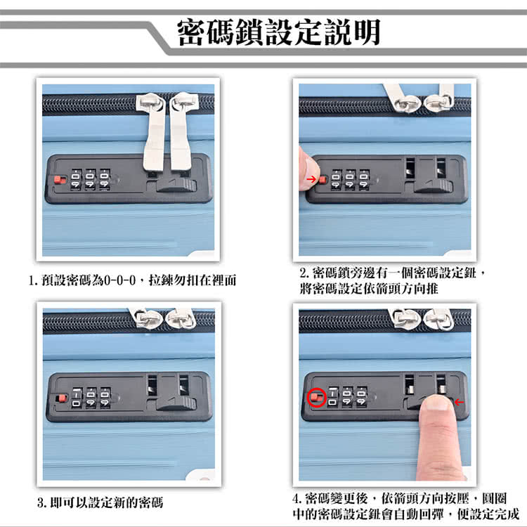 1. 預設密碼為000,拉鍊勿扣在裡面