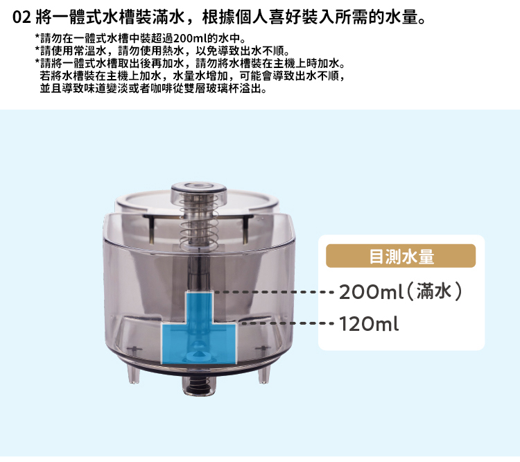 請將一體式水槽取出後再加水,請勿將水槽裝在主機上時加水。