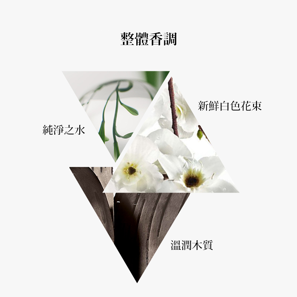 整體香調 新鮮白色花束 純淨之水 溫潤木質 