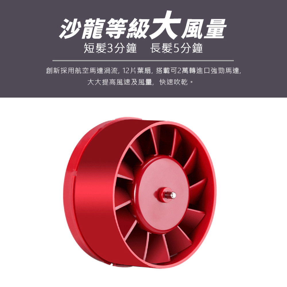 沙龍等級大風量 短髮3分鐘長髮5分鐘 創新採用航空馬達渦流, 12片葉扇, 搭載可2萬轉進口強勁馬達, 大大提高風速及風量,快速吹乾。 