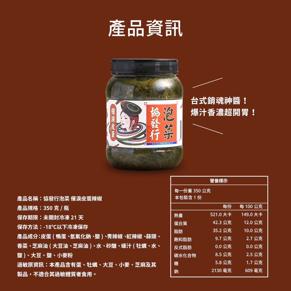 產品成分皮蛋  鴨蛋、氫氧化鈉、鹽、青辣椒、紅辣椒、蒜頭、