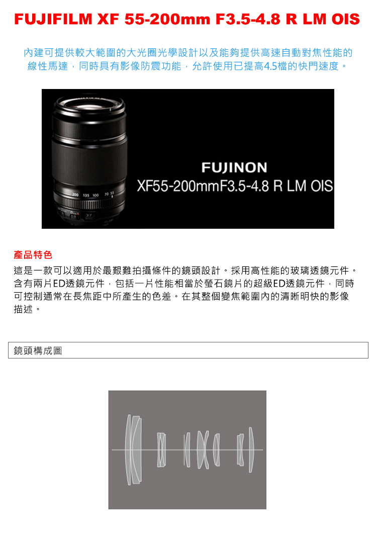含有兩片ED透鏡元件,包括一片性能相當於螢石鏡片的超級ED透鏡元件,同時