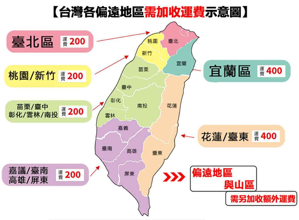 台灣各偏遠地區需加收運費示意圖