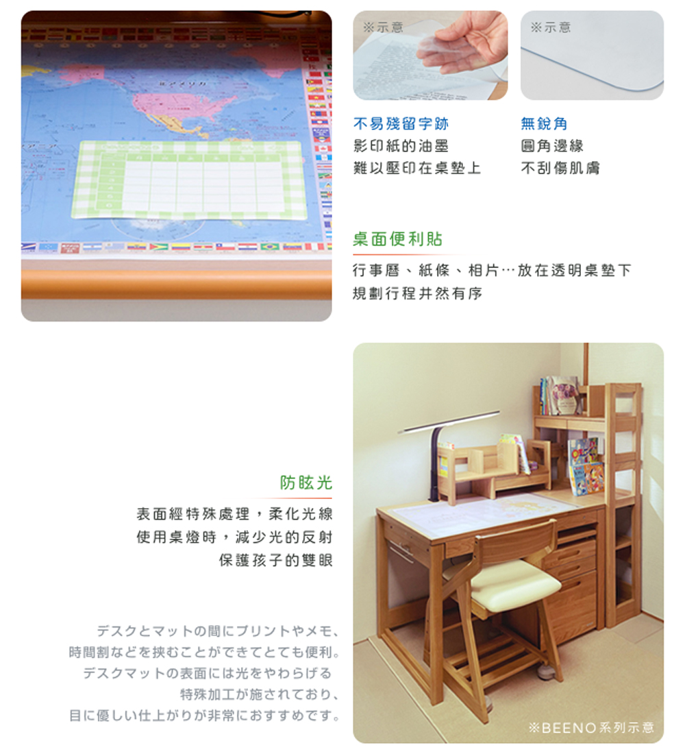 行事曆、紙條、相片放在透明桌墊下